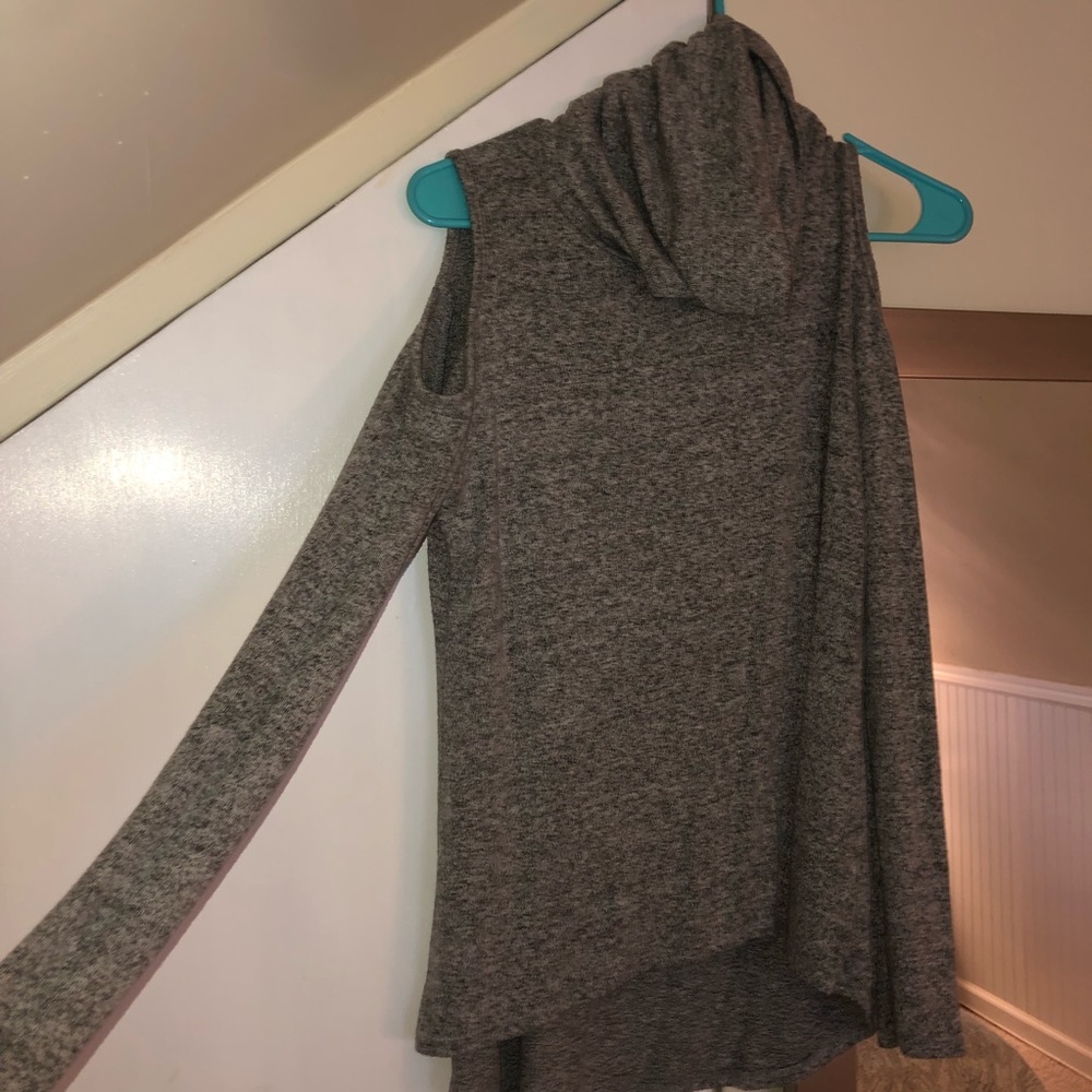 Open shoulder cowl sweater